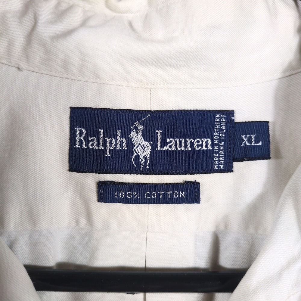 Ralph Lauren Mens XL Button Down Shirt Cream Cotton Long Sleeve Blue Pony Logo - Picture 4 of 9